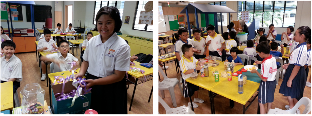 Two classroom scenes showing children in school uniforms, one girl holding a ribbon-decorated box, others gathered around yellow tables.